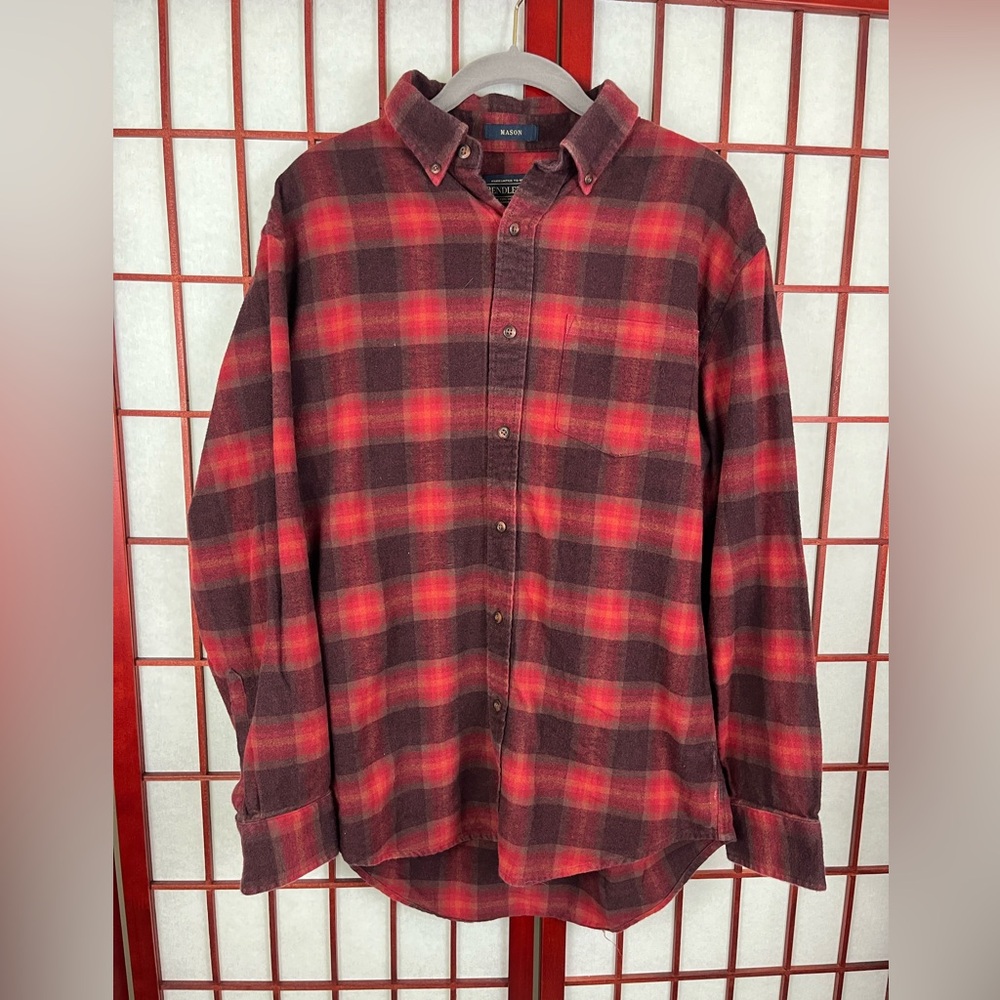 Pendleton Mason Shirt Mens Red Plaid Button-Down Cotton Long Sleeve